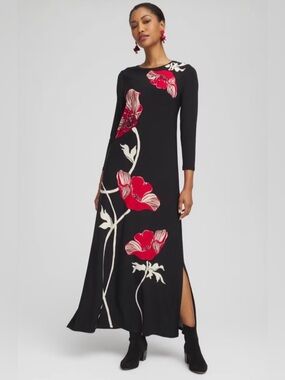 New NWT Chicos Embellished Black Maxi Dress with Red Floral Print